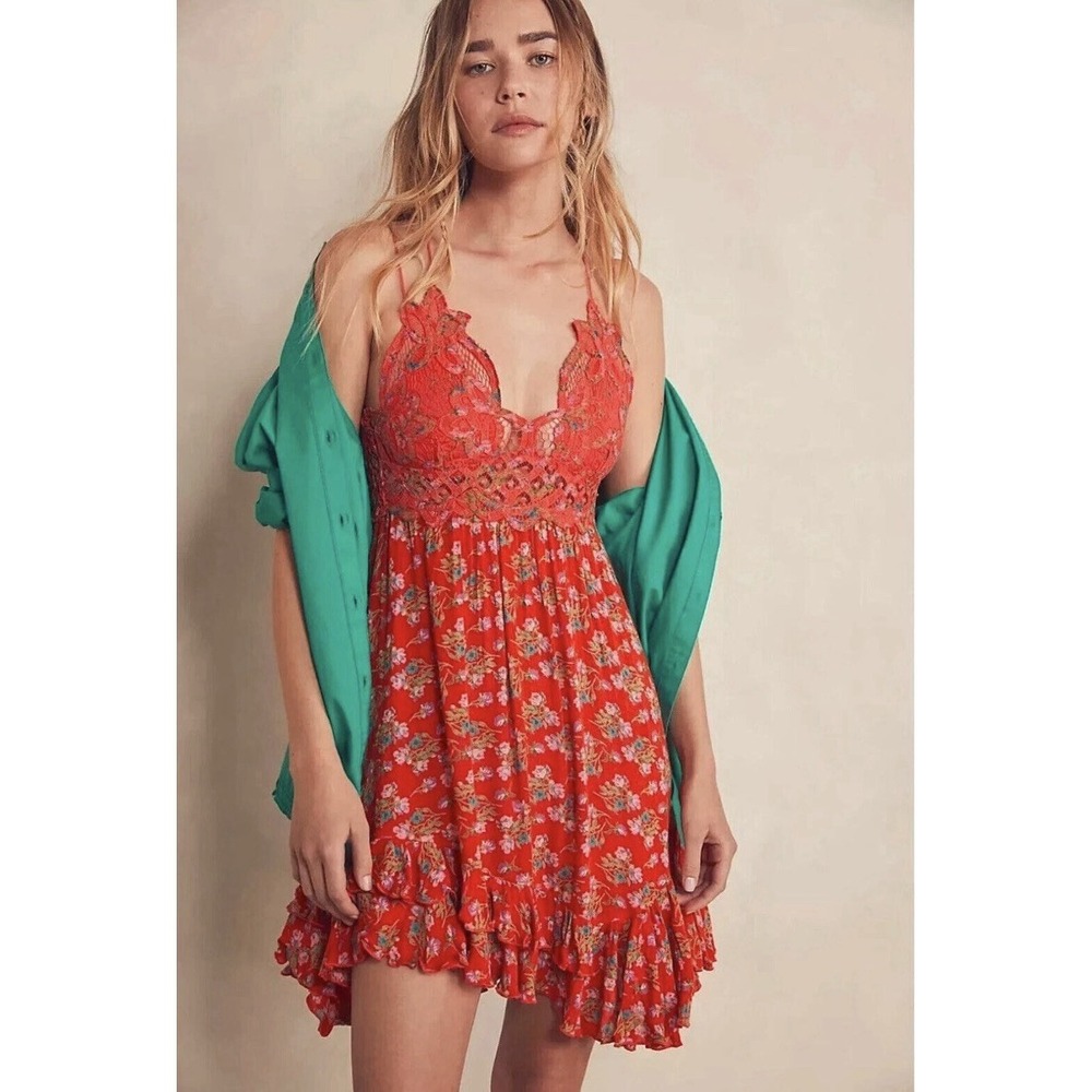 Free People FP One Adella Printed Mini Slip Dress Lace Ruffle Summer Smocked M